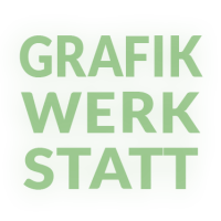 Grafik mit dem Schriftzug „Grafik Werkstatt“ in großen, grünen Buchstaben auf weißem Hintergrund.