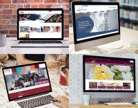 Vier Laptops und Monitore mit unterschiedlichen Webseiten auf den Bildschirmen, die Beispiele für Webdesign zeigen.