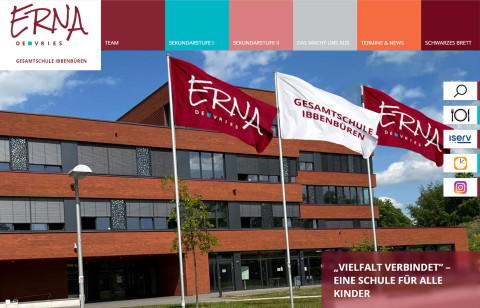 Startseite der neuen Schulhomepage der Erna-de-Vries-Gesamtschule mit großflächigem Bildslider, prominentem Logo und Schnellstartbuttons auf der rechten Seite