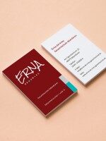 Zwei Visitenkarten der Erna-de-Vries-Gesamtschule mit neuem Logo und Farbwelt, umgesetzt von der Werbewerkstatt Wrocklage