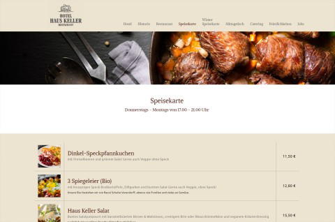 Digitale Online-Speisekarte von Haus Keller mit Menüansicht, realisiert von Werbewerkstatt Wrocklage mit IndiceCMS