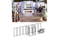 Weißer Messestand beMatrix mit Produktdisplays von Peugeot und darunter 3D-Modell des Messestands mit Trennwänden und Theke.