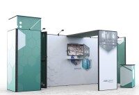 Moderner Messestand mit grünen und weißen Wänden, Monitor und Informationsgrafiken, Branche Medizin.