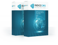 IndiceCMS Softwareboxen zentrale Plattform für digitales Schwarzes Brett. Zwei Verpackungen der IndiceCMS Software mit Weltkugel und hexagonalem Muster, symbolisieren globale digitale Inhaltsverwaltung.