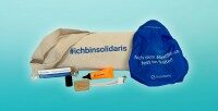 Solidaris Werbemittel-Set für die gezielte Mitarbeitergewinnung auf Jobmessen mit Tasche, Fahrradabdeckung, USB-Kabel, Textmarker und Energy Riegel