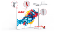 Visualisierung der LEDUP Leuchtwand mit farbigem Motiv und markierten Steckpunkten des patentierten Systems