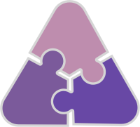 Drei Puzzleteile symbolisieren die Komponenten von Digital Signage. Grafik mit drei zusammengesetzten Puzzleteilen in Lila, die Digital Signage Hardware, Software und Inhalte darstellen.