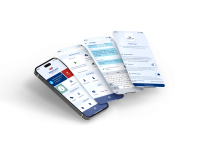 Unsere Wrocklage-App mit Funktionen wie Zeiterfassung, Intranet und Chat. Vier moderne Smartphones mit geöffneter App der Wrocklage Werbewerkstatt, die Funktionen wie Zeiterfassung, Intranet, Ticket & Chat sowie Datenschutzeinstellungen zeigen.