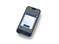 Hand hält Smartphone mit geöffneter App zur Unterschriftfunktion vor unscharfem Bergpanorama im Hintergrund.