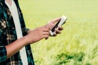 Person in kariertem Hemd nutzt Smartphone auf einem Feld, symbolisiert Digitalisierung in Landwirtschaft und Gartenbau.