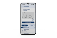 Smartphone-App mit digitaler Unterschrift. Smartphone zeigt App-Ansicht eines digitalen Tagesarbeitsberichts mit Unterschrift, Zeit- und Materialerfassung sowie PDF-Exportoption.