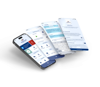 Vier moderne Smartphones mit geöffneter App der Wrocklage Werbewerkstatt, die Funktionen wie Zeiterfassung, Intranet, Ticket & Chat sowie Datenschutzeinstellungen zeigen.