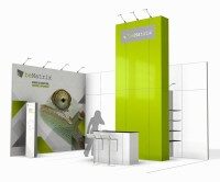Messestand mit beMatrix Logo, grüne Säule, Tische und Stühle
