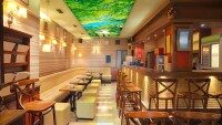 Großes Deckenleuchtbild mit Naturmotiv in einem Café mit Holzmöbeln