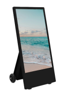 Schwarzes digitales Informationsdisplay mit Rädern, zeigt ein Strand- und Meerbild