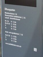Öffnungszeiten der Stadtbibliothek Worms mit Informationen zu Standort und Zeiten.