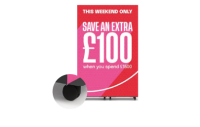Rollup-Banner mit dem Text 'This weekend only save an extra £100 when you spend £1500', roter Hintergrund.