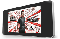 Ein Plakat mit einem Spieler in einem adidas-Trikot, umgeben von roten und weißen Grafiken, mit dem Slogan 'In their hearts, in their face'. Links Text 'Stronger in 2023'.