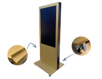 Digitaler goldener Werbedisplayständer mit Rollen, Nahaufnahmen zeigen das Material und den Ständerbereich.