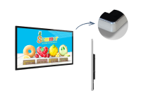Ultraflaches Slimline Digital Signage Display mit Werbemotiv für Sommerprodukte, seitliche und Detailansicht des Rahmens