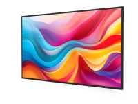 Schlanker Digital Signage Monitor mit farbintensivem Display in abstraktem Wellenmuster, geeignet für professionelle Anwendungen