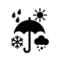 Rundum geschützt – zuverlässig gegen Regen, Sonnenlicht, Staub und Schnee Icon: Rundum geschützt – Symbol mit Regenschirm, Sonne, Schneeflocke und Wolke gegen Regen, Sonnenlicht, Staub und Schnee, auf transparentem Hintergrund.