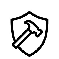 Robust gegen Eingriffe – vandalismussicher dank stabiler Bauweise Icon für vandalismussichere Bauweise – Schild mit Hammer, Symbol für Robustheit und Schutz gegen Eingriffe, minimalistisches Design, transparenter Hintergrund.