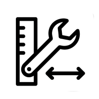 Optional individuell nach Wunsch und Maß – Gehäuse flexibel anpassbar Icon für individuelle Anpassung – Gehäuse mit Maßstab, Schraubenschlüssel und Pfeilen, Symbol für Wunsch- und Maßanfertigung, transparenter Hintergrund.
