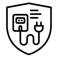 Icon für aufgeräumtes Kabelmanagement – stilisierte Steckdose mit Kabeln, die sauber integriert sind, minimalistisches Design auf transparentem Hintergrund.