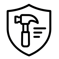Icon für Robustheit und Langlebigkeit – Schild mit Hammer als Symbol für hochwertige Materialien und dauerhaften Einsatz, minimalistisches Design auf transparentem Hintergrund.