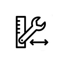 Icon für individuelle Anpassung – Gehäuse mit Maßstab, Schraubenschlüssel und Pfeilen, Symbol für Wunsch- und Maßanfertigung, transparenter Hintergrund.