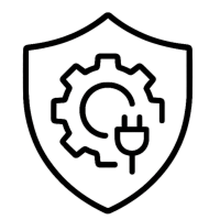 Icon für Schutz von Technik und Anschlüssen – Schild mit Zahnrad und Stecker-Symbol, minimalistisches Vektordesign auf transparentem Hintergrund.