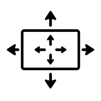Icon für flexible Größenanpassung – Monitor-Symbol mit Pfeilen in alle Richtungen, die Variabilität und Anpassbarkeit darstellen, minimalistisches Vektordesign auf transparentem Hintergrund.