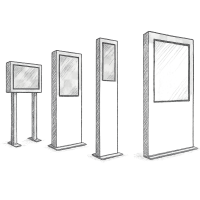 Skizze von verschiedenen digitalen Outdoor-Stelen in unterschiedlichen Formen, Größen und Designs mit transparentem Hintergrund