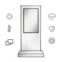 Skizze einer Outdoor-Stele mit Symbolen für Wetterbeständigkeit, Temperaturkontrolle und Digital Signage Technik