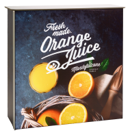Expolinc Light Frame Counter mit bedruckter Front „Fresh made Orange Juice“ Leuchtende Messetheke Expolinc Light Frame Counter mit bedruckter Frontgrafik „Fresh made Orange Juice“ und Orangenmotiv auf dunklem Hintergrund