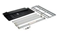 Expolinc Light Frame Counter – kompakter Aufbau mit Transporttasche Zerlegte Bauteile des Expolinc Light Frame Counter inklusive Aluminiumrahmen, LED-Modulen und schwarzer Transporttasche