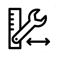 Icon für individuelle Anpassung – Gehäuse mit Maßstab, Schraubenschlüssel und Pfeilen, Symbol für Wunsch- und Maßanfertigung, transparenter Hintergrund.
