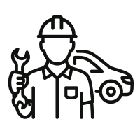 Montage durch Profis – fachgerechte und blasenfreie Folienverklebung in der Werkstatt Icon Icon eines Mechanikers mit Werkzeug vor einem Auto, steht für professionelle und blasenfreie Folienmontage