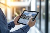 Nahaufnahme einer Person, die auf einem Tablet Immobilienangebote mit Häusern betrachtet