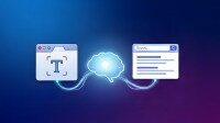 Illustration einer künstlichen Intelligenz, die Metadaten erstellt, verbunden mit einem Computerbildschirm und einem Ordner.