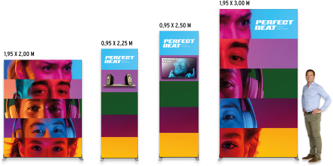 Expolinc Frame Systemmodule in verschiedenen Höhen und Breiten mit Perfect-Beat-Motiv für flexible Messepräsentationen