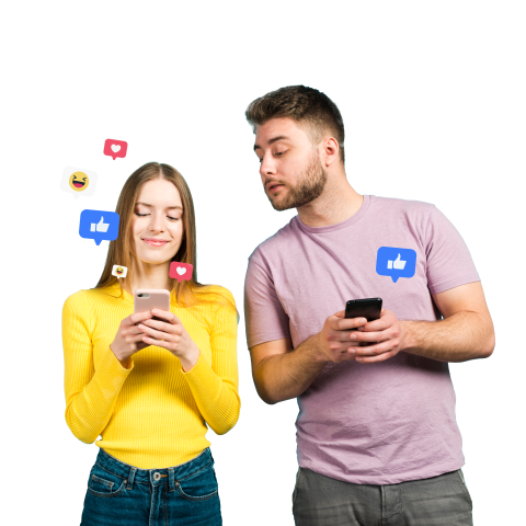 Soziale Medien und digitale Kommunikation. Zwei Personen stehen vor einem großen Smartphone mit Symbolen für Analyse, Nachrichten und Likes, Symbol für digitales Marketing und Social Media.