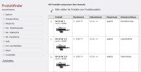 Screenshot des Produktfinders mit Filtermöglichkeiten auf der linken Seite und tabellarischer Ansicht der Ergebnisse auf der rechten Seite.
