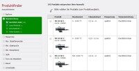 Screenshot des Produktfinders mit aktivierten Filtern, die zu einer reduzierten Artikelliste führen, inklusive Details zu Maßen und Varianten.