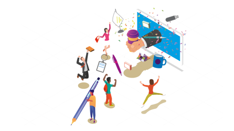 Werbeartikel gestalten und individuell bedrucken lassen Illustration von Menschen, die kreative Werbeartikel wie Stifte, Blöcke und Tassen gestalten – Symbol für individuelle Werbemittel