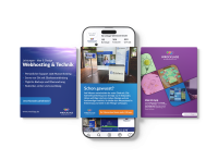 Zwei Personen stehen vor einem großen Smartphone mit Symbolen für Analyse, Nachrichten und Likes, Symbol für digitales Marketing und Social Media.