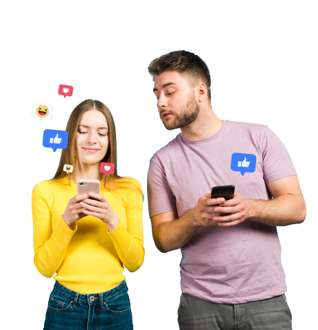 Soziale Medien und digitale Kommunikation. Zwei Personen stehen vor einem großen Smartphone mit Symbolen für Analyse, Nachrichten und Likes, Symbol für digitales Marketing und Social Media.