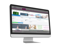 Monitor mit geöffneter Medienverwaltung einer Website, Anzeige von Bildern und Dateien in einer Übersicht.