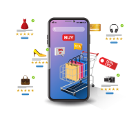 Smartphone mit Einkaufswagen und Produkten, Symbol für mobiles Online-Shopping und Sonderangebote.